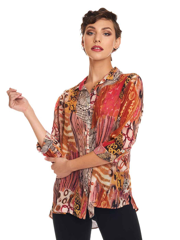 Tianello Plus Sized "Enlove" Print Washable Silk Loving Blouse-WASH