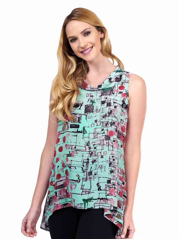 Tianello "Jules" Printed WASHABLE SILK  "Briata" Cowl Tank Tunic-Aqua Haze