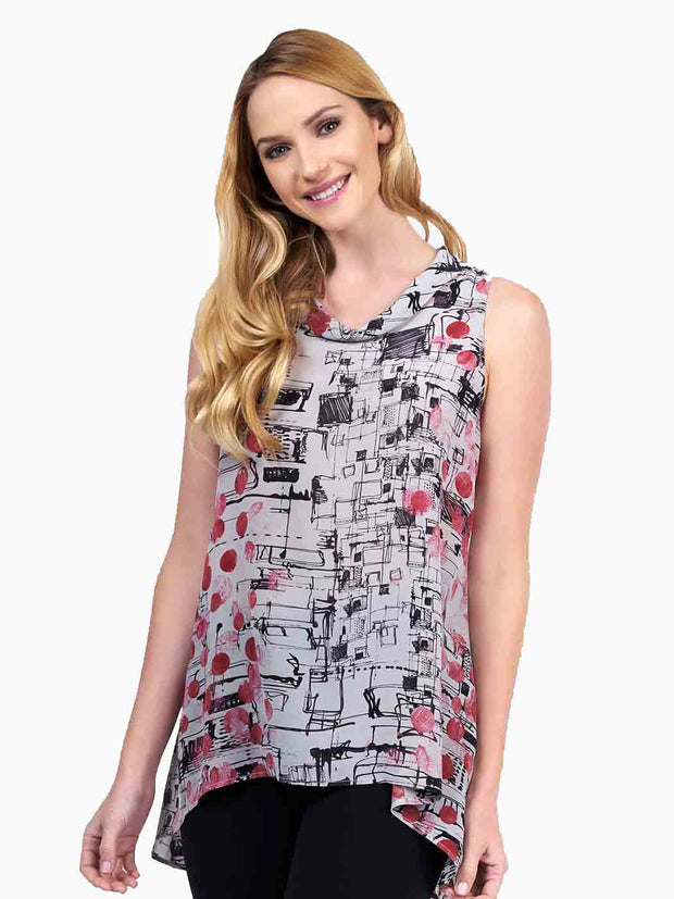 Tianello "Jules" Printed WASHABLE SILK  "Briata" Cowl Tank Tunic-Slate