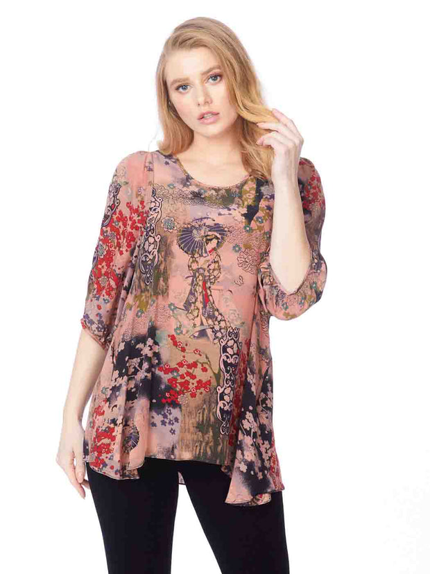 Tianello "Kazuko" Print Washable Silk "Shannon" Blouse-Sunset