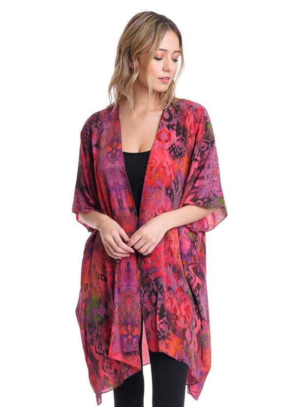"Majestic" Print Washable Silk "Zen Robe"-Velvet Pink
