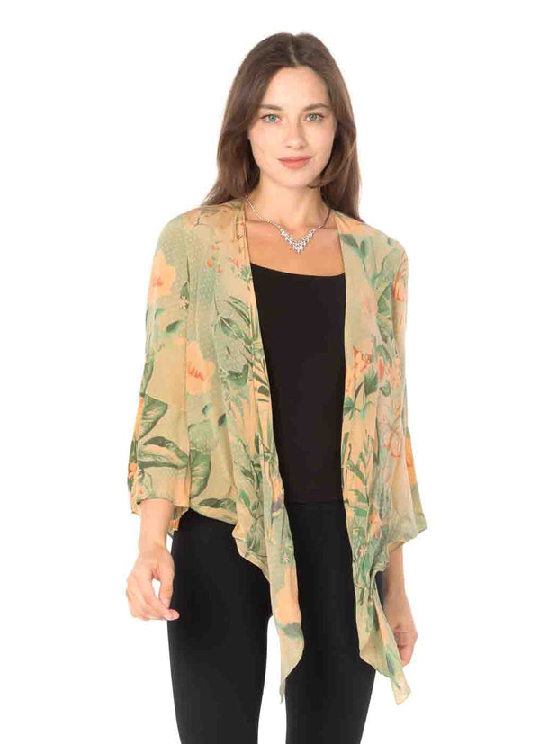 Tianello "Tonga Island" Print  Washable Silk "Yuriko" Kimono-Nectar