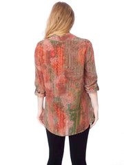 Tianello "Varanasi" Print  Washable Silk "Loving" Blouse-Coral