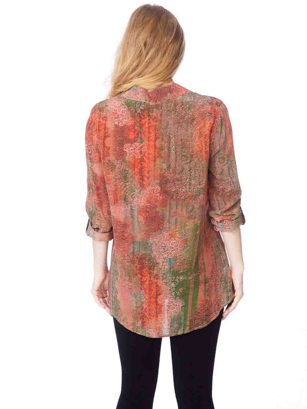Tianello "Varanasi" Print  Washable Silk "Loving" Blouse-Coral