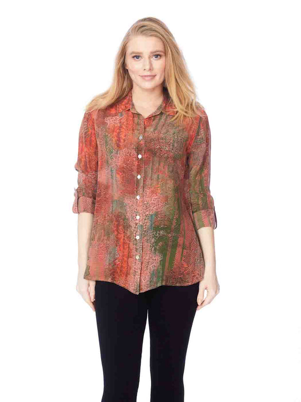 Tianello "Varanasi" Print  Washable Silk "Loving" Blouse-Coral