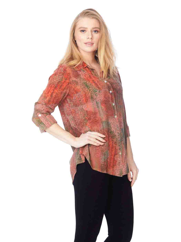 Tianello "Varanasi" Print  Washable Silk "Loving" Blouse-Coral