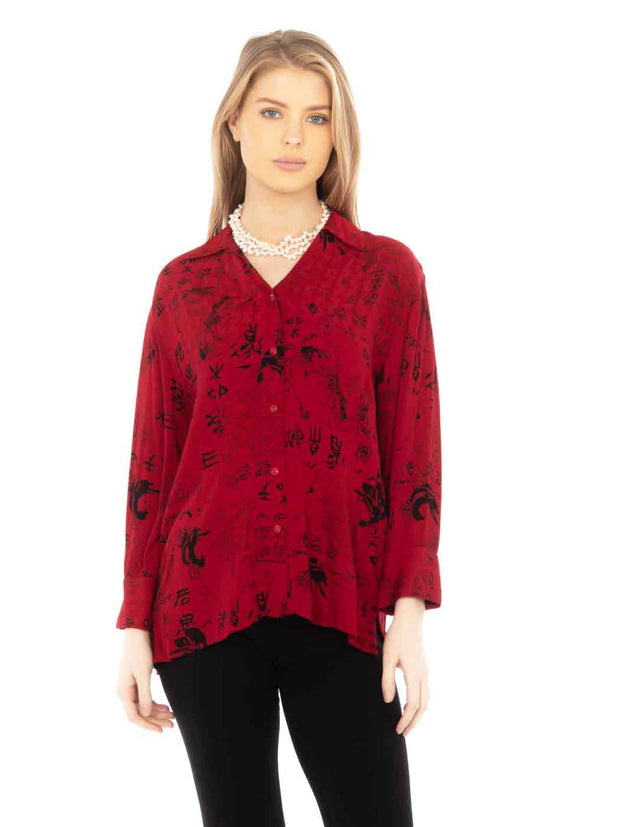 Light Weight TENCEL™ Print "Geisha"  Suzy Blouse-Pomegranate